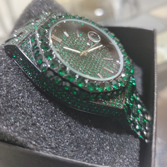 Mens Luxury Full Ice Green Simulated Diamond Hip Hop Bling Quartz Movement Watch - Picture 11 of 12